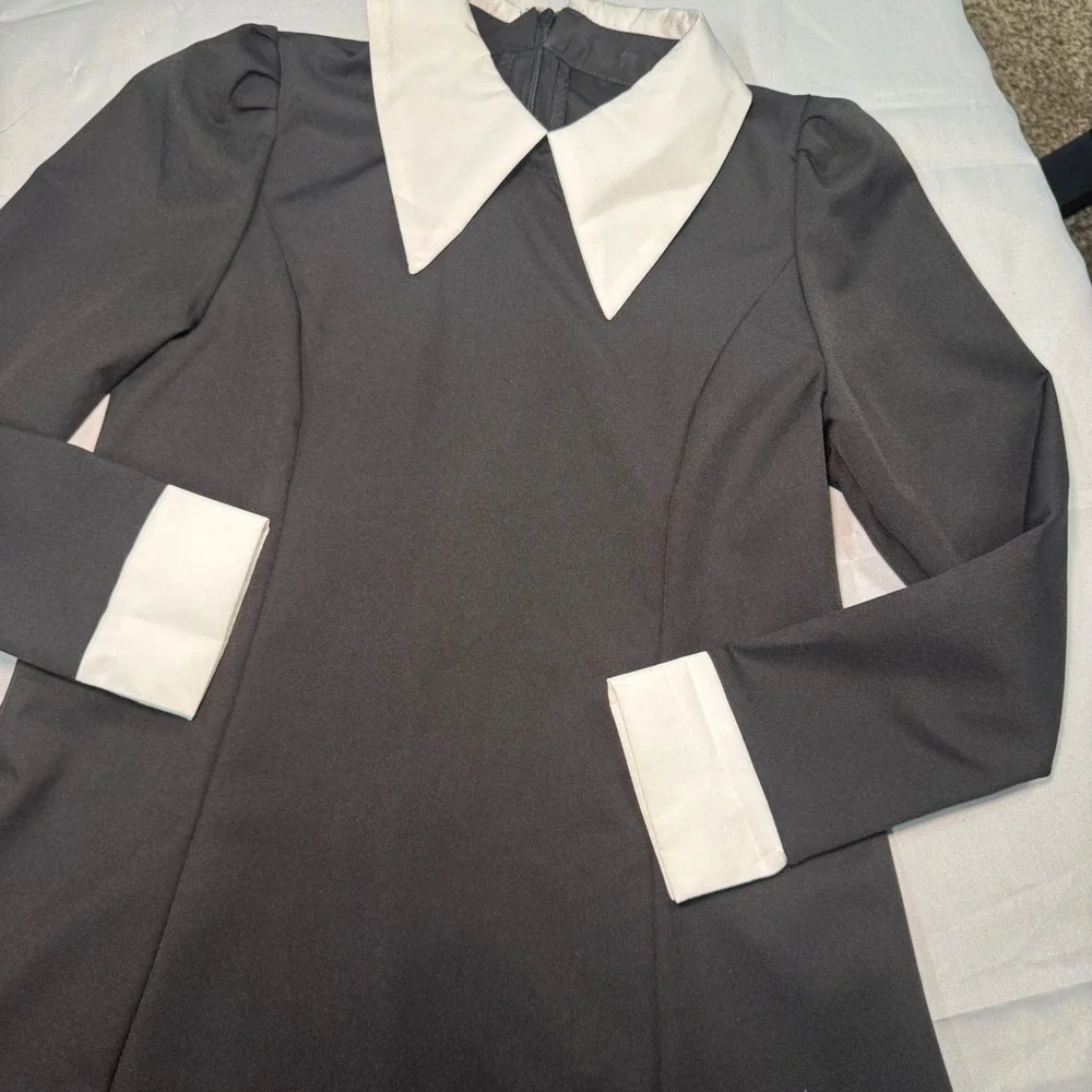 Kids Wednesday Addams Costume Dress Black White Collar Wig Prop Hand Thing